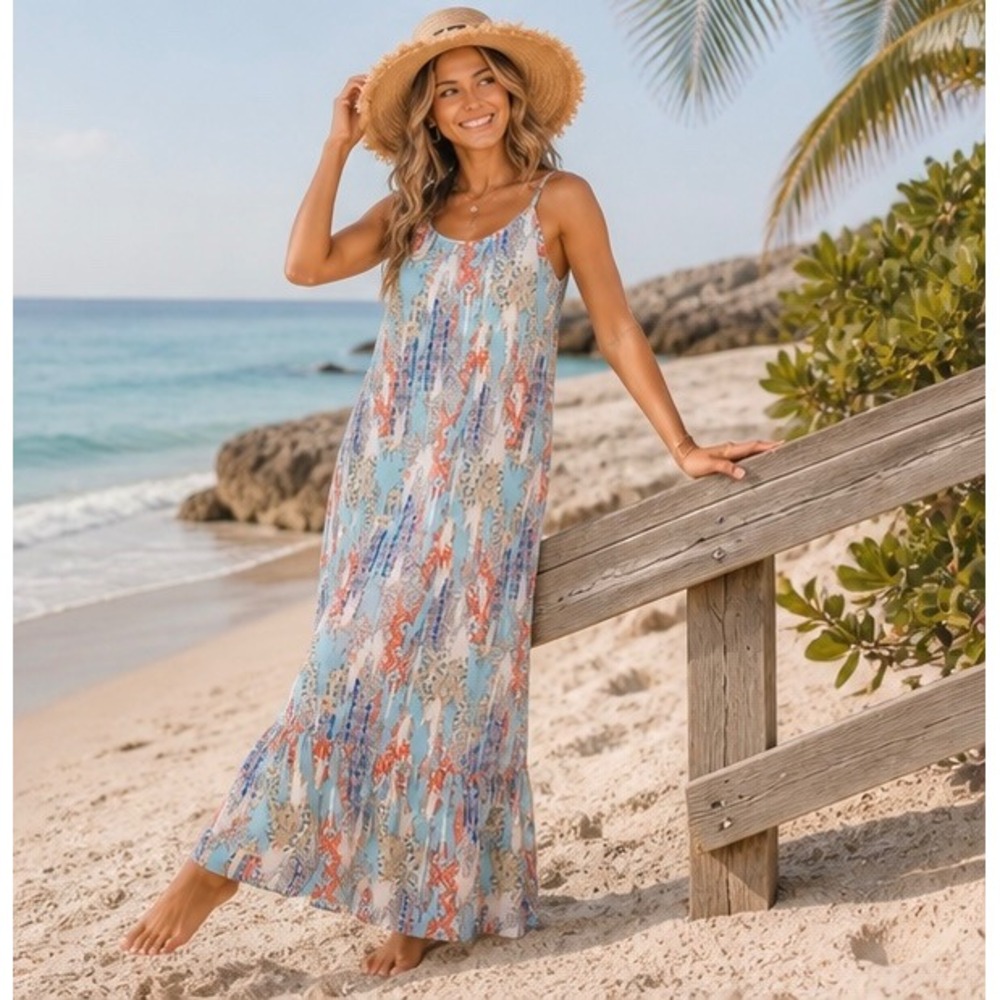 Boho Coastal Maxi Dress Sleeveless Large Coral Flowy Beach Sundress Western